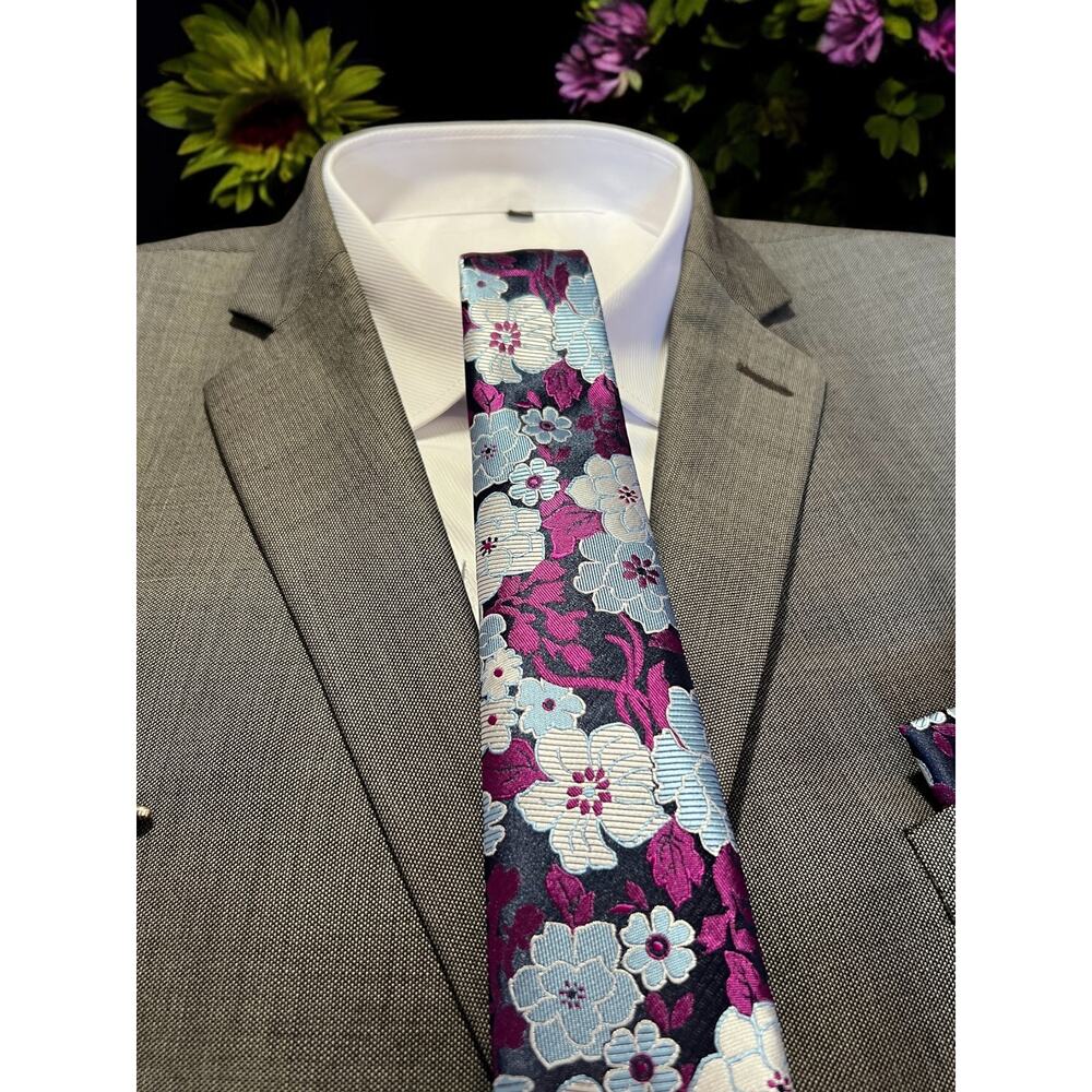 3 Piece Tie Set Navy Blue Fuchsia Floral Tie Pocket Square Cufflinks